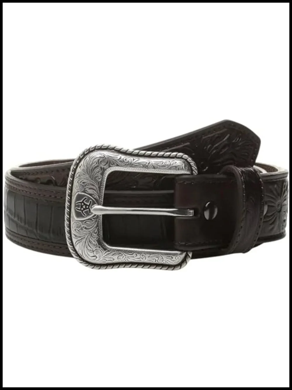 Faux Crocodile Leather Belt with Floral Tooled Accents, Removable Buckle,